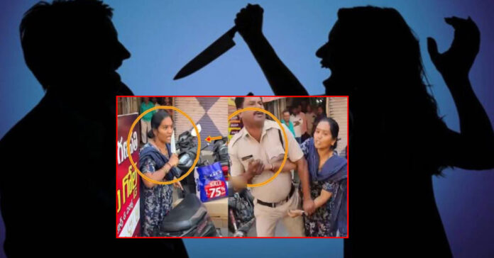 A woman is seen running around holding a knife.