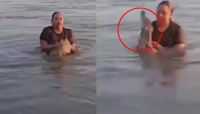 చేప అనుకొని మొసలిని పట్టుకున్న యువతి..