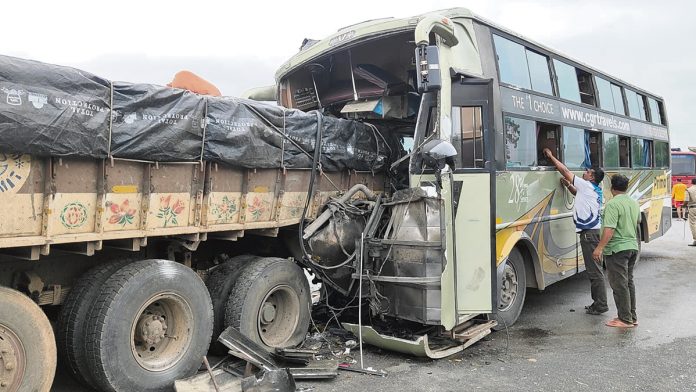 Bus hits lorry