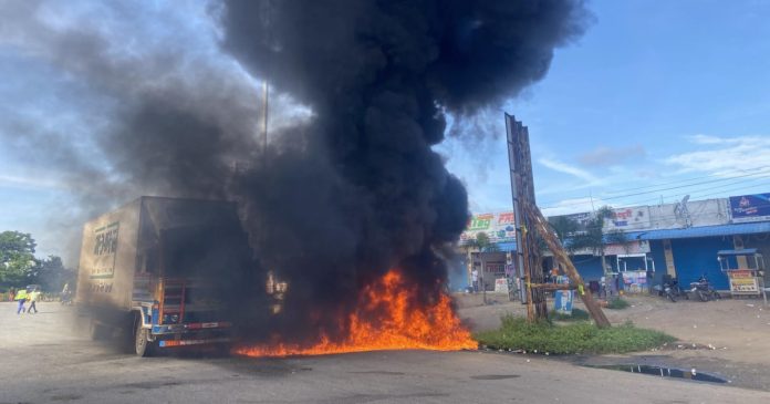 Container set on fire at toll plaza..