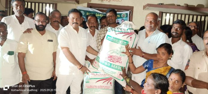 Distribution of subsidized groundnut seeds to farmers.