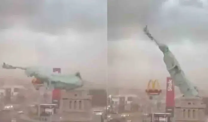 బలమైన తుఫాను..ఒక్కసారిగా నేలకూలిన స్టాట్యూ అఫ్ లిబర్టీ