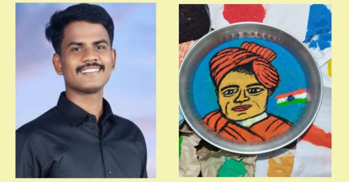 నీటిపై వివేకానంద చిత్రపటం గీసిన కళాకారుడు పండారి