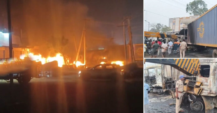 కంటైనర్ను లారీ ఢీకొట్టి వ్యక్తి సజీవదహనం..