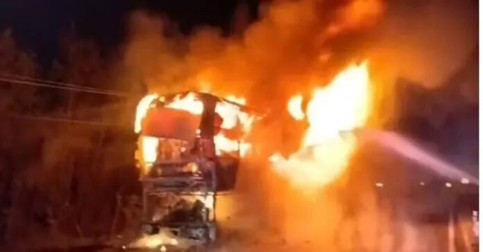 Private travel bus catches fire.. 39 passengers..!