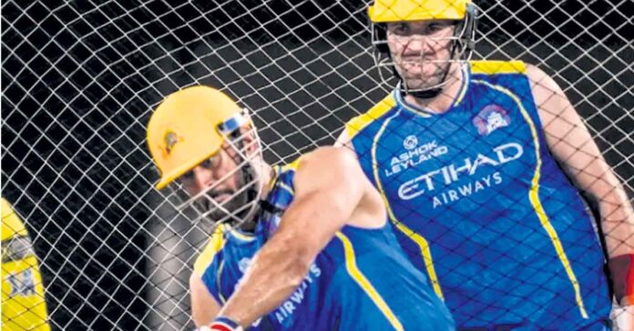 Dhoni practices in the nets.