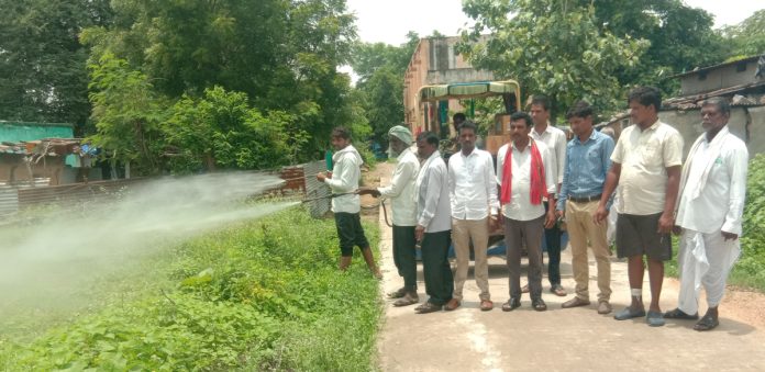 మేనూరులో గడ్డి మందు పిచికారి