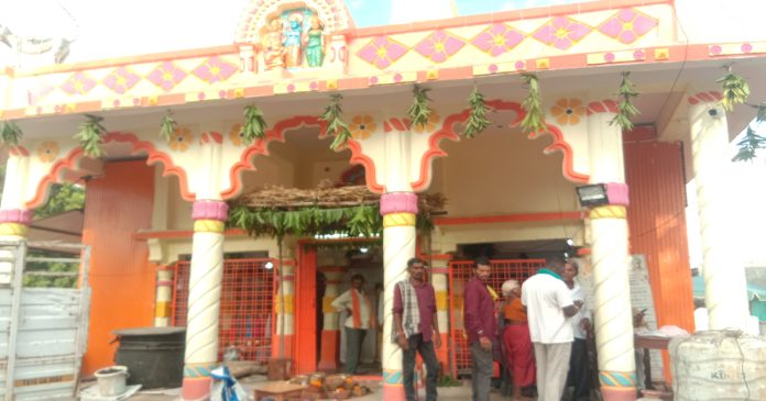 Anjaneya Swamy temple decked up for the installation of the flagstaff and the temple tower's finial.